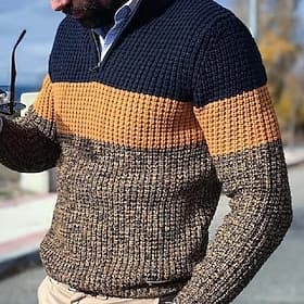 Men's Pullover Sweater Jumper Knit Sweater Ribbed Knit Regular Knitted Color Block Quarter Zip Fashion Basic Daily Wear Date Clothing Apparel Fall  Winter Yell