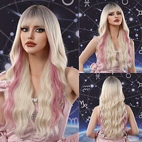 Synthetic Wig Uniforms Career Costumes Princess Curly Wavy Middle Part Layered Haircut Machine Made Wig 24 inch Gold Pink Synthetic Hair Women's Cosplay Party