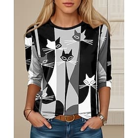 Women's T shirt Long Sleeve Crew Neck Long Sleeve Tunic Casual Ombre Cat Print Regular Tops Daily Black Spring Fall Prefall
