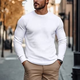 Men's Waffle Shirt T Shirt Tee Top Long Sleeve Shirt Long Sleeve Crew Neck Spring   Fall Plain Fashion Designer Basic Vacation Street Going out White Top Tee f