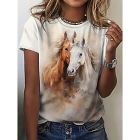 Women's T Shirt Casual Print Short Sleeve Regular Tops Round Neck Daily Gray Summer