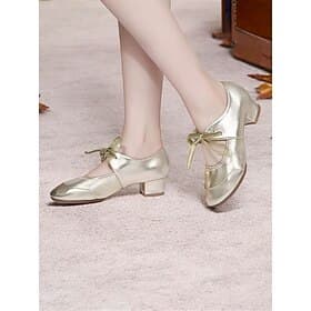 Women's Gold Lace-Up Dance Shoes with Low Block Heel, Perfect for Ballroom, Latin, and Jazz Dance Performances