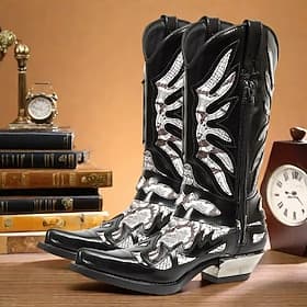 stivali da cowboy gotici da uomo - stivali western in similpelle di serpente nera e argento con design a fiamme e tacco in metallo per eventi rock, motociclist