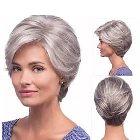 Short Grey Wigs for White Women Pixie Cut Gray Wigs with Bangs Natural Curly Synthetic Hair Wigs Layered Short Womens Wigs