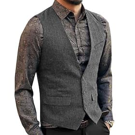 Men's Vest Suit Vest Waistcoat Wedding Party Evening Wear Festival Vintage Casual Cotton Blend Solid Colored Single Breasted One-button V Neck Slim Black Wine