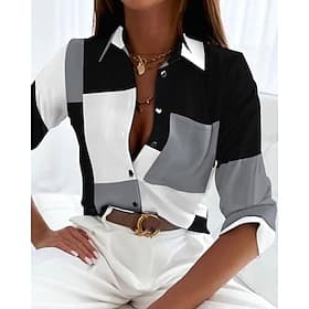 Chemise Femme À Manches Longues Blouse Boutonnée Basique Imprimé en Blocs de Couleurs Regular Tops Chemisier Col Décontracté Noir Printemps Automne