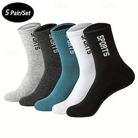 Men's 5 Pairs Multi Packs Socks Running Socks Casual Socks Black White Color Letter Sports Outdoor Daily Vacation Basic Medium Spring Fall Fashion Casual