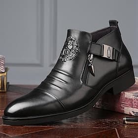 Men's Black Faux Leather Ankle Boots with Lion Embossed Design and Side Zipper – Luxury Formal Footwear for Business and Special Occasions
