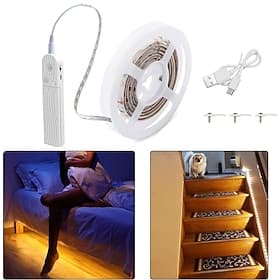 Motion Sensor LED Light Strip 1-2.5 Meters, Rechargeable Battery Box, Indoor Motion-Activated Light for Wardrobes, Stairs, Cabinets, Counters, and Beds (Batter