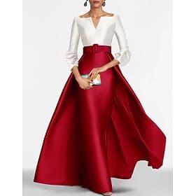 Sheath Column Floor Length Evening Gown Ball Gown with Overskirt Formal Dress Elegant Color Block Silky 3/4 Length Sleeve V Neck Christmas Formal Belt / Sash S