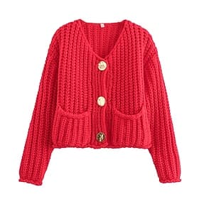 Women's Red Cardigan Crew Neck Chunky Knit Knitted Fall Winter Work Going out Fashion Streetwear Daily Long Sleeve Solid Color White Red