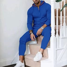 Men's Hoodie Tracksuit Sweatsuit Black White Royal Blue Khaki Gray Hooded Plain 2 Piece Sports  Outdoor Daily Holiday Streetwear Basic Casual Spring   Fall Clo