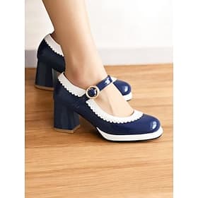 Escarpins Mary Jane rétro bleus et blancs pour femmes avec bordure festonnée – chaussures de style vintage pour le cosplay, les fêtes et les occasions formelle