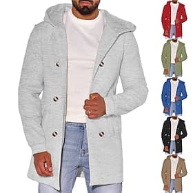 Men's Peacoat Trench Coat Daily Vacation Fall  Winter 50% Cotton Thermal Warm Outerwear Clothing Apparel Fashion Classic Plain Pocket Hooded Double Breasted