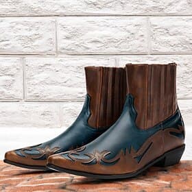 Men's Brown and Blue Western Cowboy Boots – Embroidered Faux Leather Design for Casual and Country Style Wear