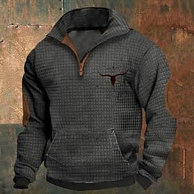 Men's Sweatshirt Waffle Sweatshirt Quarter Zip Sweatshirt Black White Navy Blue Khaki Dark Gray Half Zip Graphic Cow Print Patchwork Front Pocket Quarter Zip D