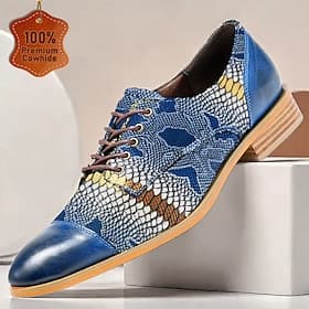 Men's Premium Cowhide Leather Oxford Shoes with Snake Print – Blue Casual Dress Shoes for Formal  Party Occasions