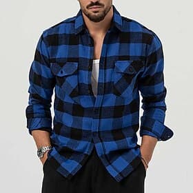 Men's Shirt Flannel Shirt Overshirt Plaid Outdoor Street Yellow Blue Long Sleeve Winter Spring   Fall Clothing Apparel
