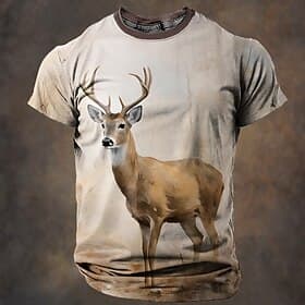 Men's Deer T Shirt Short Sleeve T shirt 3D Print Crew Neck Shirt Retro Vintage Casual Street Style Sports Outdoor Holiday Beige Grey Spring  Summer Clothing Ap
