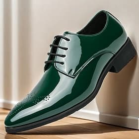 Men's Green Patent Faux Leather Dress Shoes – Glossy Lace-Up Formal Shoes for Weddings and Special Events