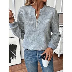 Women's Texture Sweatshirt Quarter Zip Sweater Casual Plain Street Dailywear Crew Neck Zipper Long Sleeve Black White Red Gray Fall Winter