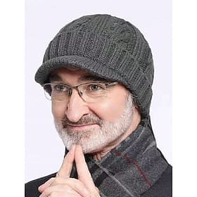 Men's Winter Knit Cap with Brim – Warm Cable Knit Design, Grey Beanie Hat for Cold Weather