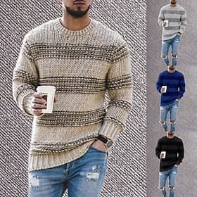 Men's Pullover Sweater Jumper Knit Sweater Ribbed Crochet Knit Regular Knitted Stripes Crew Neck Fashion Basic Daily Wear Date Clothing Apparel Fall  Winter Bl