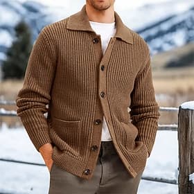 Men's Cardigan Sweater Knit Sweater Ribbed Knit Regular Button Up Side Pockets Solid Color Collar Fashion Classic Daily Wear Date Clothing Apparel Spring Fall