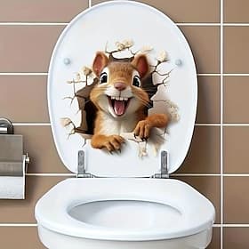 schattige eekhoorn 3D toilet sticker, creatieve waterdichte badkamer sticker, eenvoudig aan te brengen geen elektriciteit plastic toilet deksel afdekking decor
