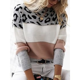 Femme Pull Chandail Pull Décontractées Flexible Léopard A côtes Col Ras du Cou Tricoté Imprimer manche longue Hauts réguliers Tricoter Extérieur du quotidien F