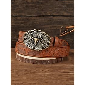 ceinture western en similicuir pour homme avec motif floral en relief et boucle à tête de taureau – style cowboy vintage