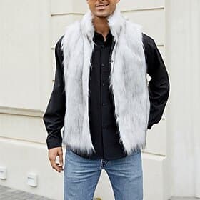 Men's Vest Faux Fur Gilet Daily Date Vacation Fashion Casual Fall  Winter Keep Warm Polyester Comfortable Plain Cardigan Stand Collar Regular Fit Black White Y