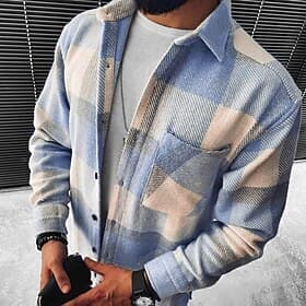Men's Lattice Shirt Flannel Shirt Overshirt Long Sleeve Shirt Turndown Casual Daily Blue Black-White White gray BlackRedDark Grey Yellow Clothing Apparel Fashi