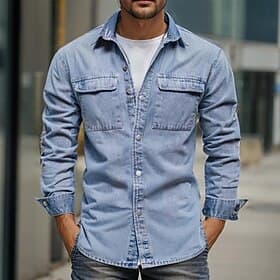 Men's Casual Shirt Overshirt Denim Shirt Solid Color Home Office Light Blue Dark Gray Long Sleeve Collar Summer Spring Clothing Apparel Buttons