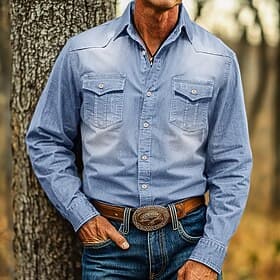 Men's Shirt Calico Shirt Casual Shirt Button Up Shirt Denim Shirt Plain Daily Vacation Light Blue Black Blue Dark Gray Long Sleeve Collar Spring  Summer Clothi