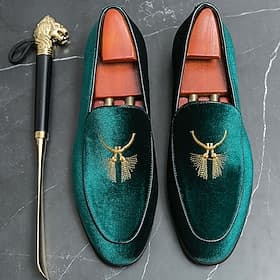 Men's Green Velvet Loafers with Gold Embroidery – Luxurious Slip-On Shoes for Formal Events and Weddings