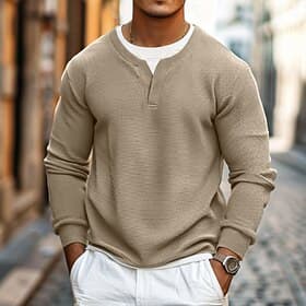 Herre Vaffel T-shirt Pullover sweatshirt Tee Top Lang ærmet skjorte Vanlig Rund hals Ferierejse Gade Langærmet Mode falske to stykker Tøj Mode Designer Basale
