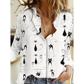 Women's Shirt Linen Like Breathable Lightweight Button Down Tunic Shirt Collar Long Sleeve Cat Casual Regular Tops Work Daily s Print White Spring Fall Winter