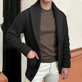 Men's Cardigan Sweater Cropped Sweater Ribbed Knit Regular Pocket Plain Shawl Collar Fashion Classic Vacation Daily Wear Clothing Apparel Fall Winter Black k