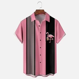 Herren Flamingos Bowling-Shirt Knopfhemd Kurzarm Hawaiianisch Formal Sport Sommer Umlegekragen Tasche Rosa