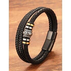Geflochtenes Lederarmband für Herren mit Akzenten aus Metallperlen – stilvolles doppellagiges schwarzes Armband mit Magnetverschluss