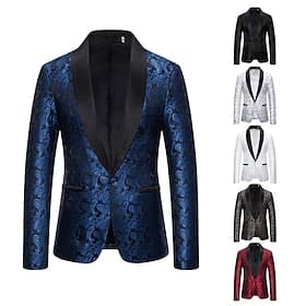 Men's Blazer Business Cocktail Party Wedding Party Fashion Casual Spring   Fall Polyester Paisley Pocket Buttons Comfortable Single Breasted Blazer Silver Dark