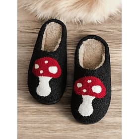 Women's Cozy Black Indoor Slippers with Red Mushroom Embroidery - Plush Lining, Non-Slip Sole, Perfect for Winter Home Relaxation