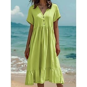 Women's Midi Dress Shift Dress Cotton Linen Dresses Summer Dress Fashion Casual Daily Regular Fit Solid Color Short Sleeve V Neck Light Green Dark Green Orange