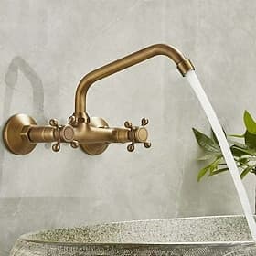 Grifo mezclador para lavabo de baño, grifo para lavabo de baño empotrado, grifo antiguo de latón retro cepillado, grifo dorado extendido para montaje en pared