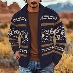 Men's Jacquard Sweater Cardigan Sweater Fair Isle Sweater Zip Sweater Knitted Cardigan Knit Zipper Tribal Rolled collar Fashion Classic Daily Outdoor Clothing