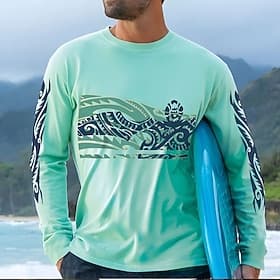 Herren Schildkröte Maorisch T Shirt Langarm T-Shirt 3D-Druck Rundhalsausschnitt Hemd Urlaub Tropisch Täglich Lässig Hawaiianisch Ferien Grün Sommer Frühling He