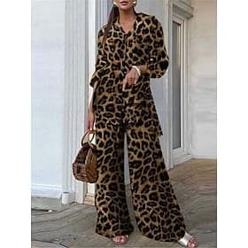 Women's Shirt Wide Leg Pants Long Sleeve Shirt Collar Leopard Print Fashion Streetwear Daily Casual Daily Brown Khaki Gray Fall Regular Fit