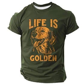 Men's Graphic T-Shirt: Golden Retriever 'Life is Golden' Pun Short Sleeve for Dog Lovers
