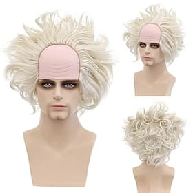 Perruque blanche pour hommes perruque courte ondulée perruque désordonnée de scientifique fou perruque de vieil homme perruque folle et amusante Halloween